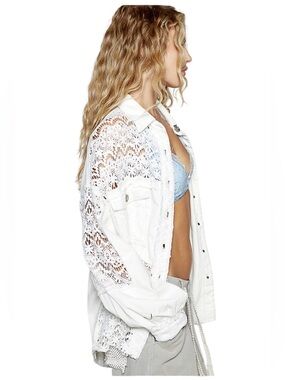 POL White Cotton Twill Lace Long Sleeve Shacket